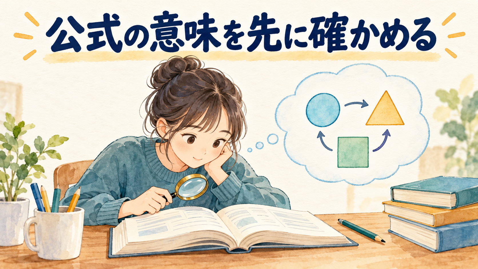 公式の意味を教科書で確認する学習イラスト