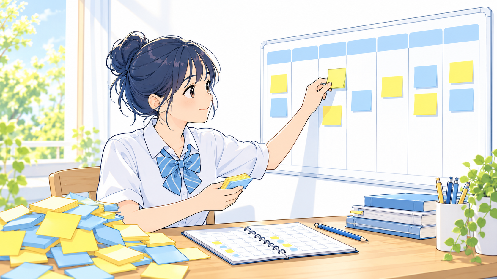 夏の計画の遅れを見直して次の課題量を調整する高校生