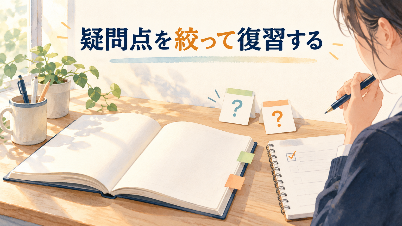 疑問点を絞って英文法を復習する学習机のイラスト