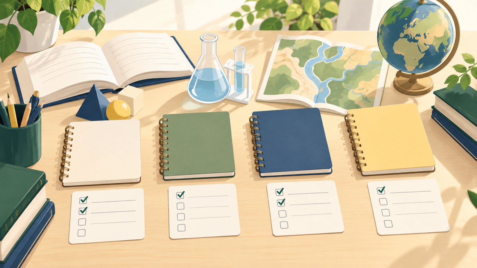 科目別に説明と典型問題の確認結果を点検するイラスト