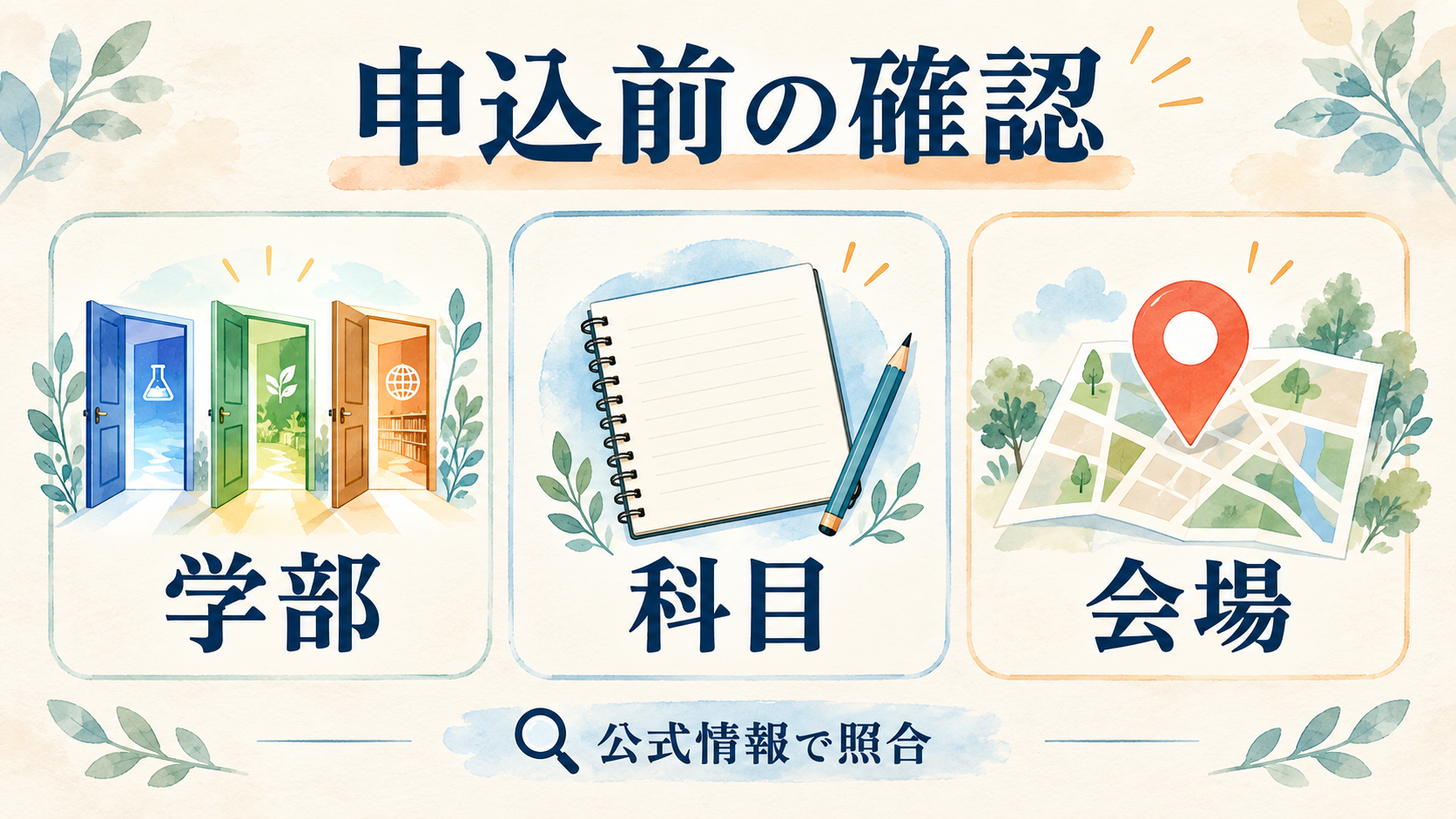 申込前に学部・科目・会場を公式情報で照合する図解