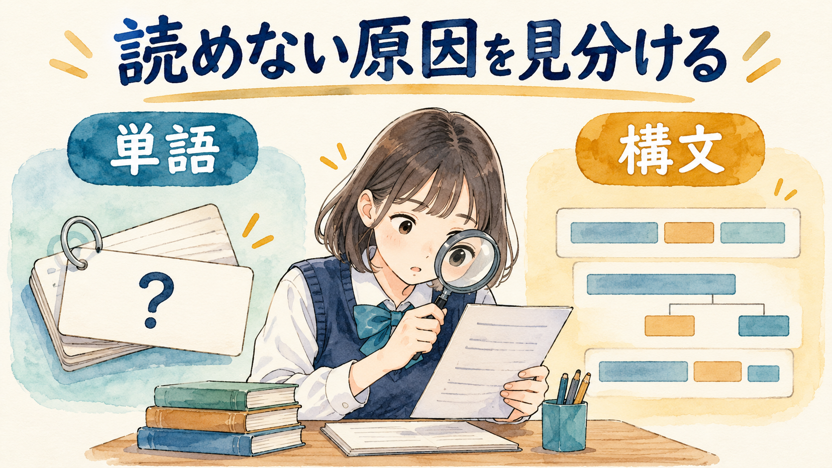 単語と構文のどちらで困るかを確認するイラスト