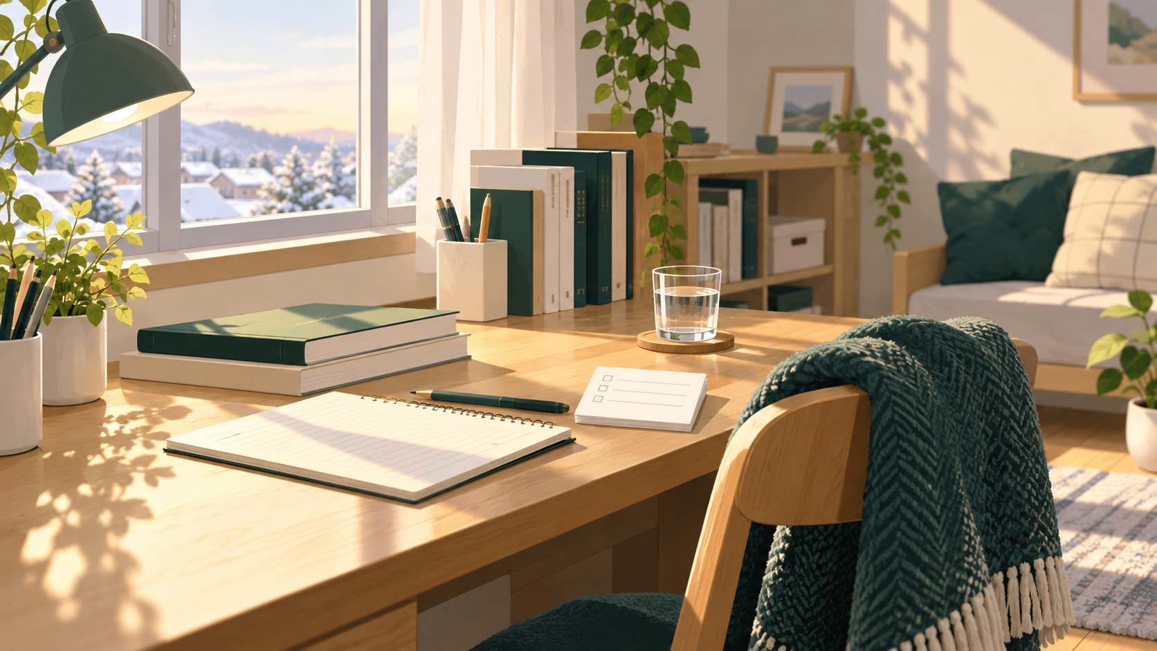 少数の教材と休憩の時間で学習生活を整えるイラスト