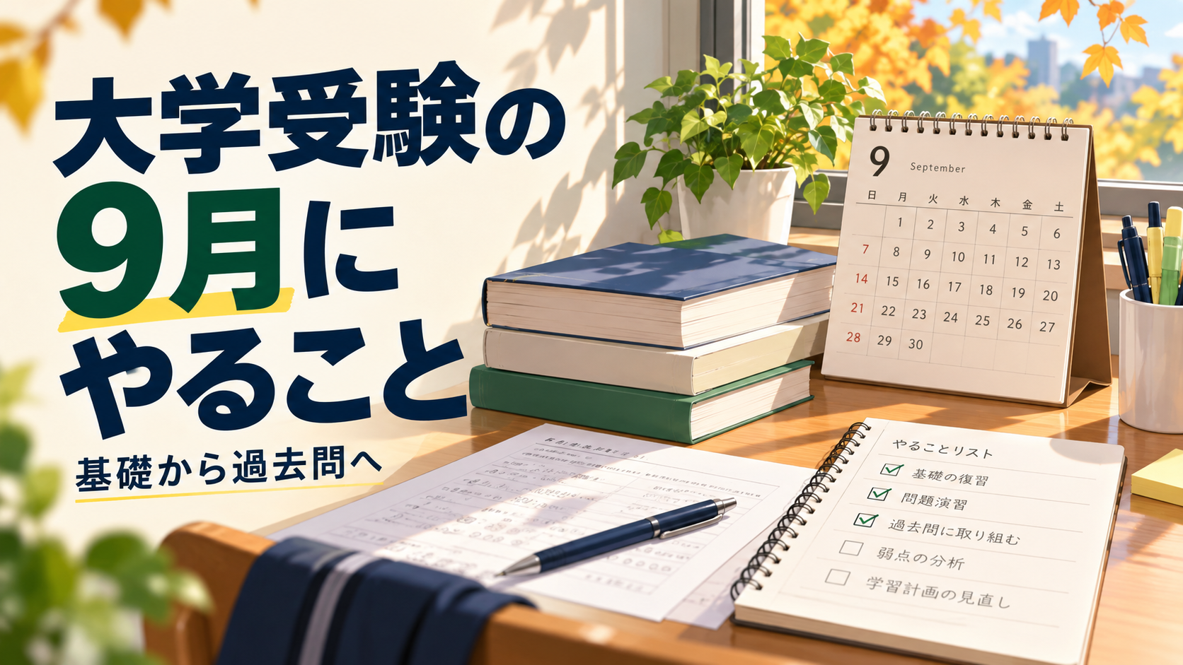大学受験の9月にやること、基礎から過去問への学習を表したアイキャッチ