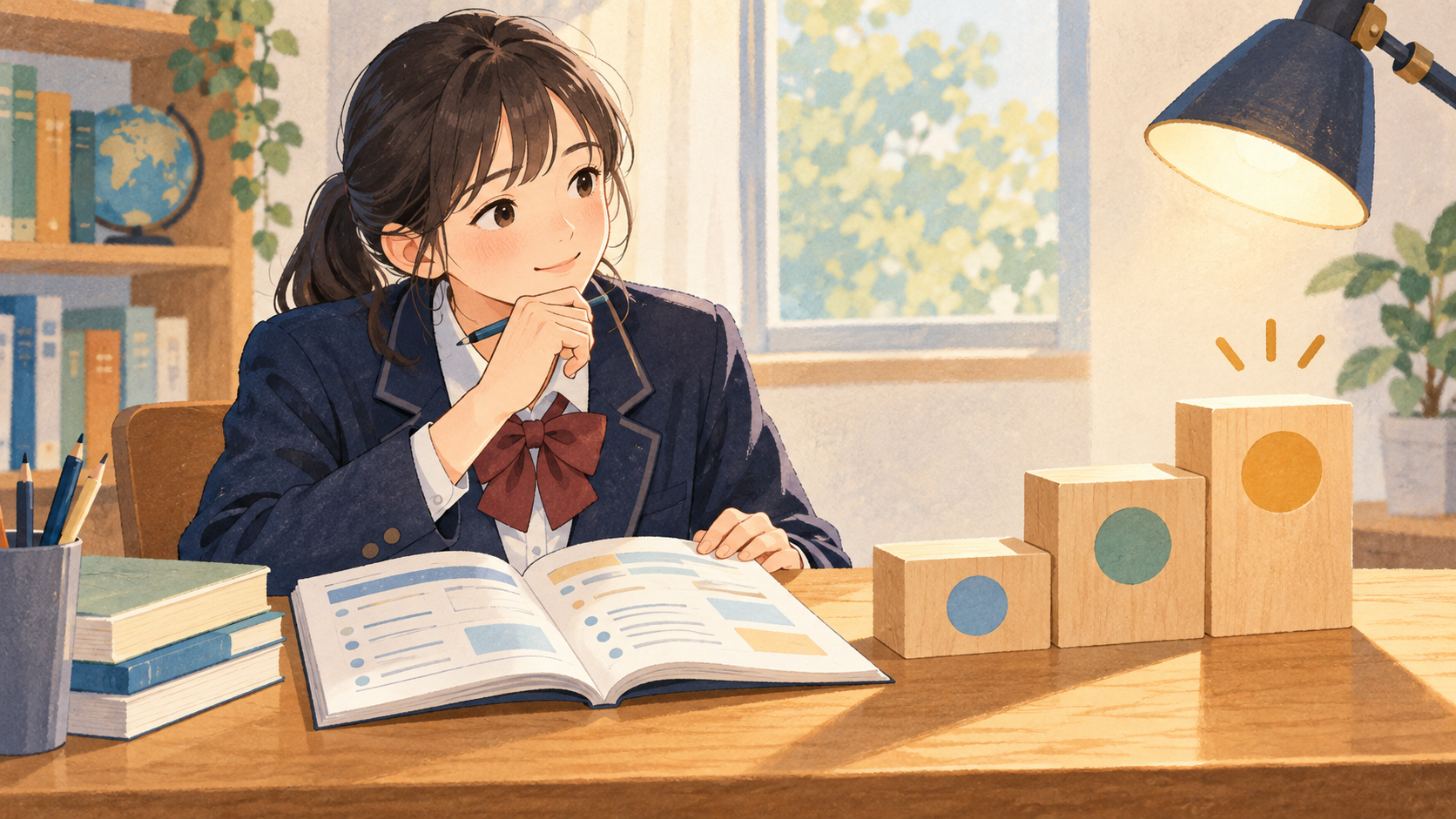 自分に合う難易度の教材を確かめる受験生のイラスト