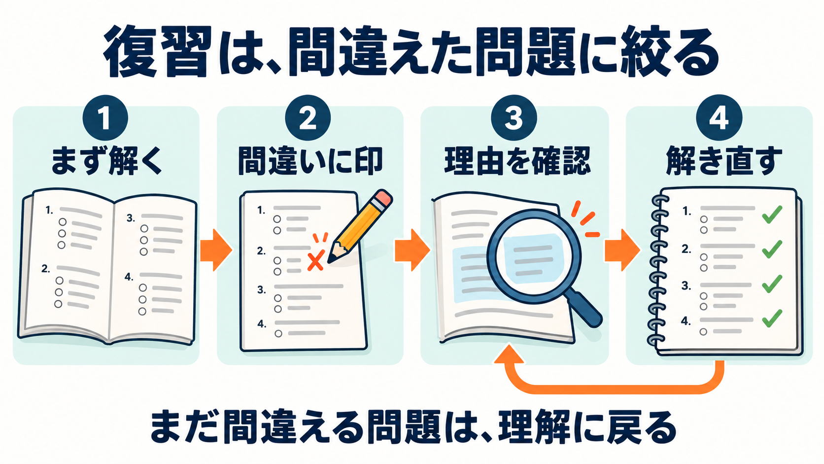 問題を解き、間違いに印を付け、理由を確認して解き直す復習の手順