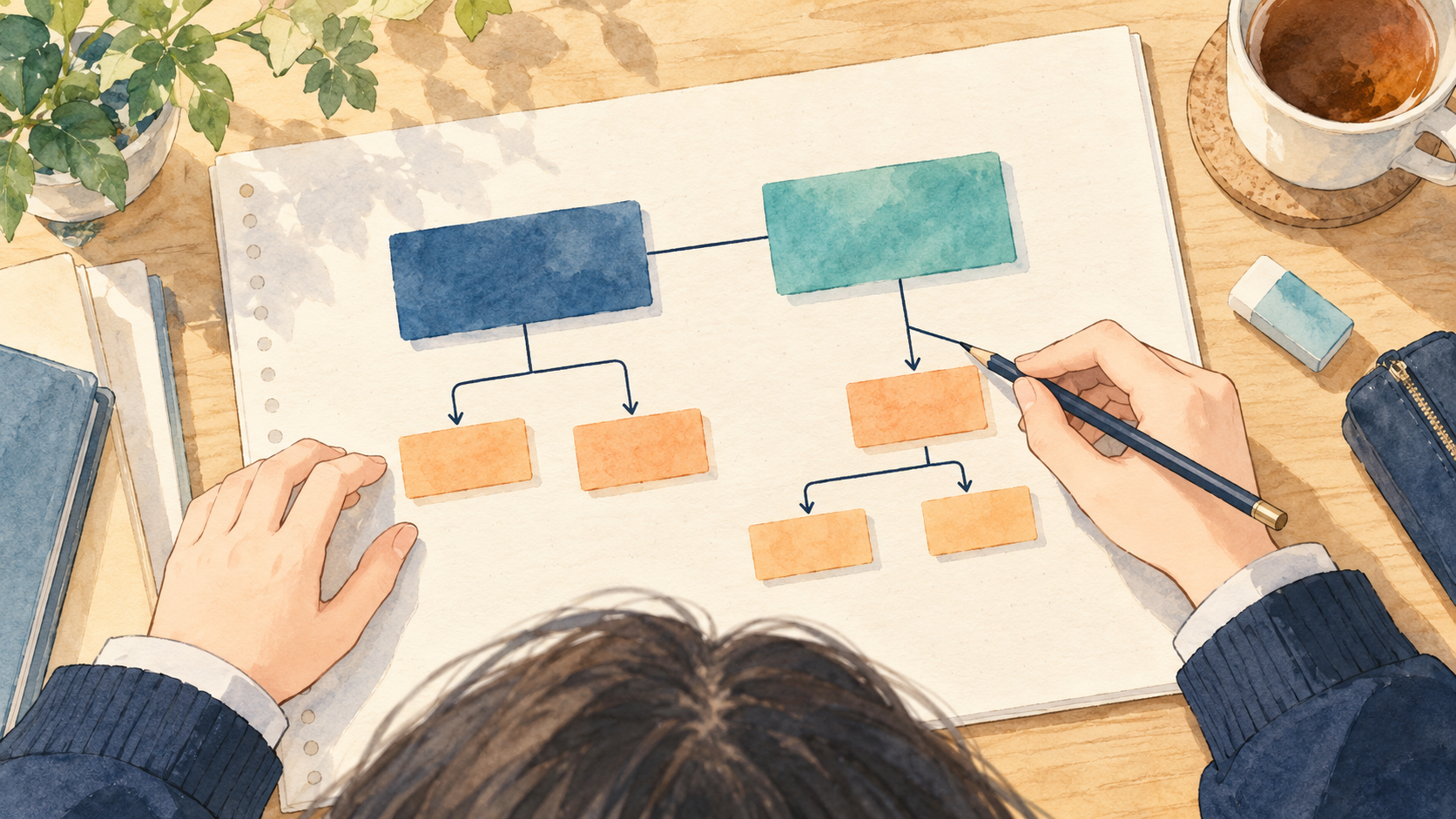 文の骨組みと修飾の関係をカードで整理するイラスト