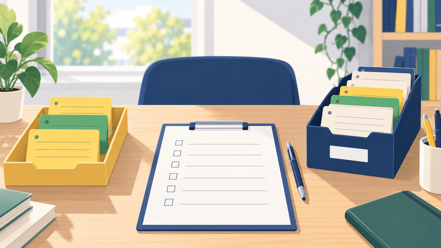 課題カードを今取り組むものと後で見直すものに整理するイラスト