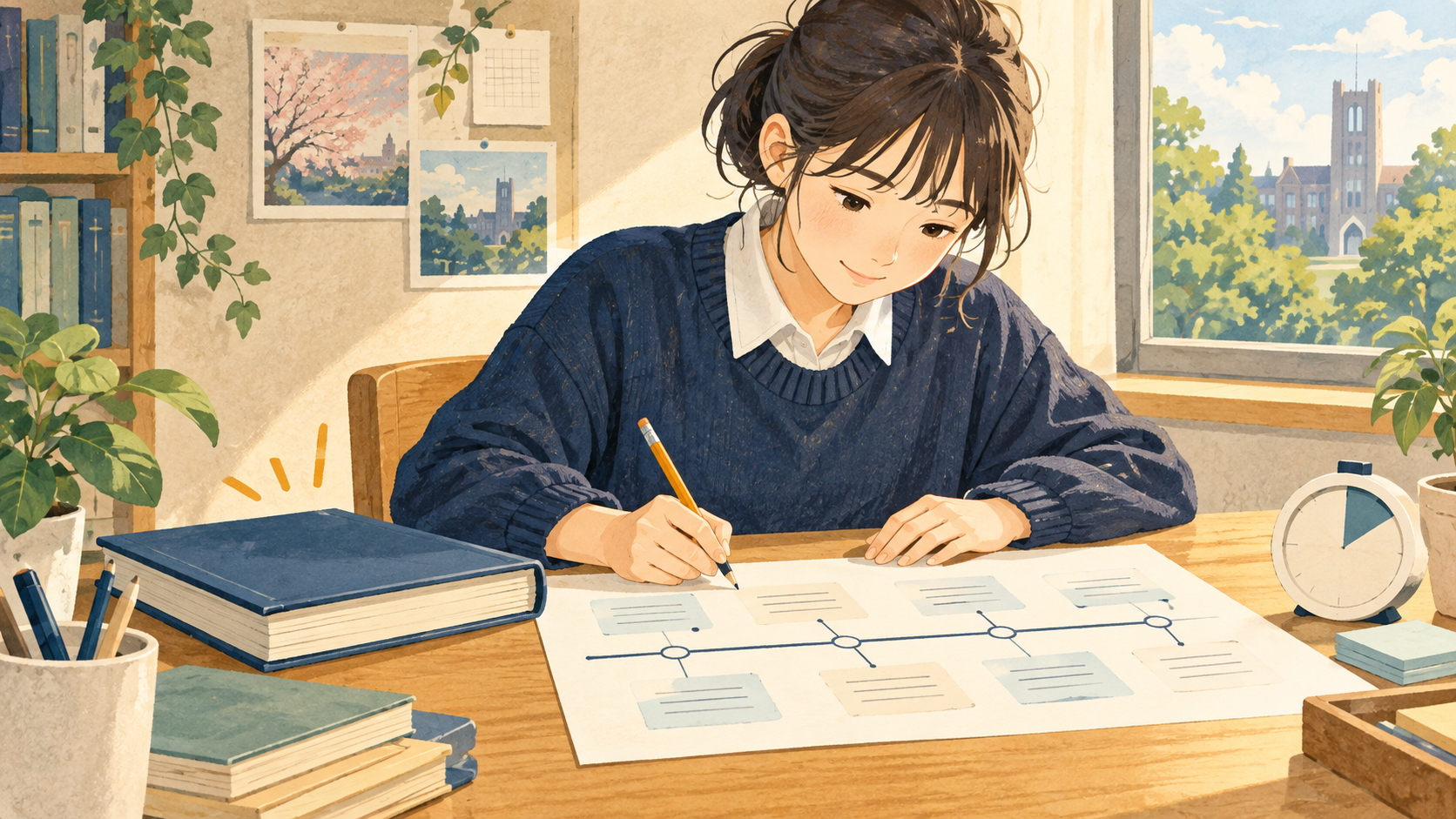 教科書を閉じて記憶から年表を再現する学習のイラスト