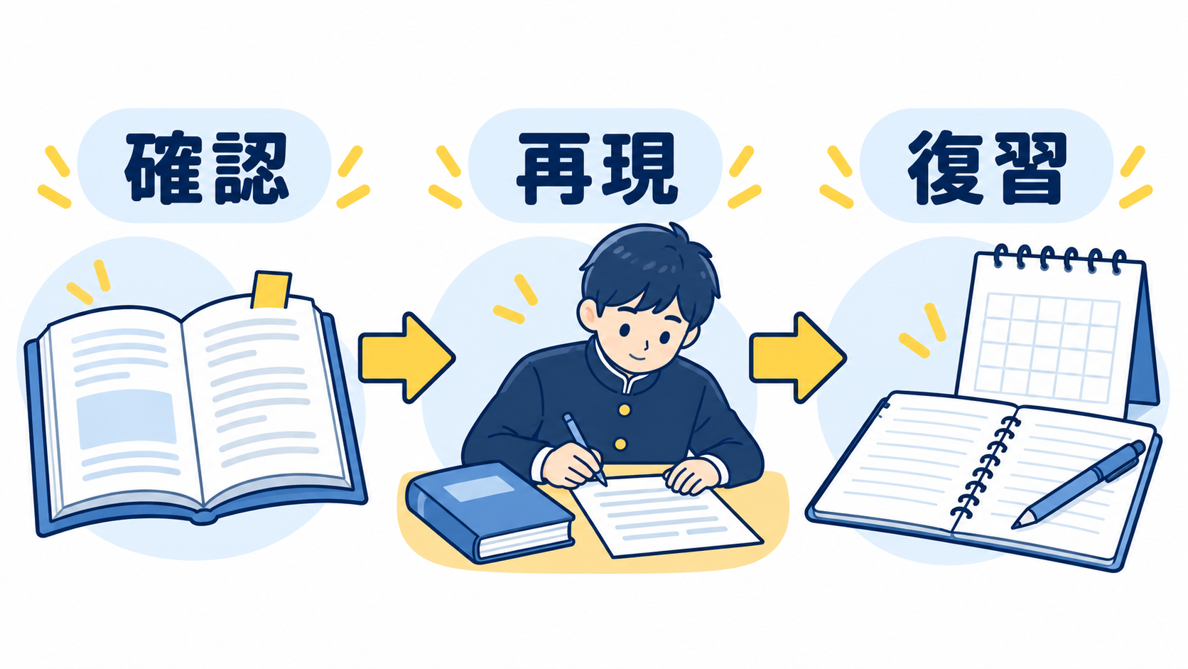 解説を確認し、閉じて自力で解き直す学習の流れ
