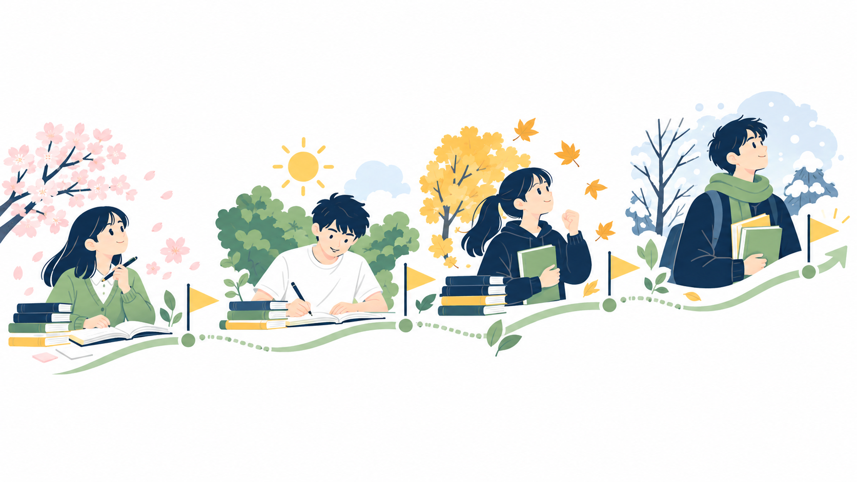 季節の移り変わりと学習の節目を表したイラスト