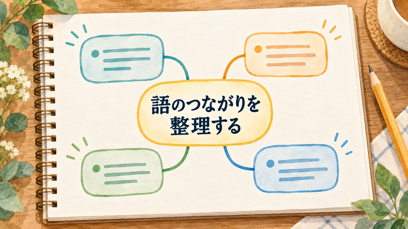 単語の関連をノートに整理するイラスト