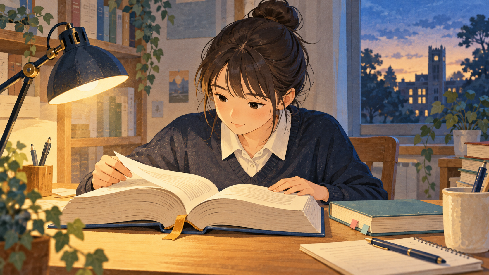 詳しい解説書と教科書を比べながら読むイラスト