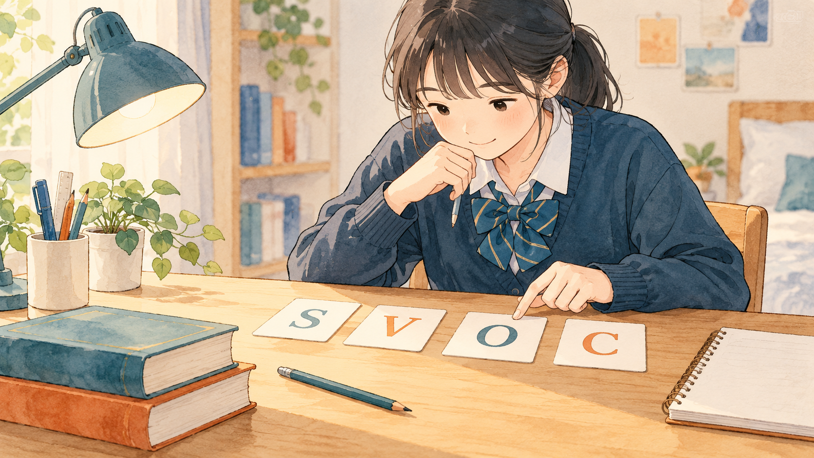 S、V、O、Cのカードで文の骨組みを確認する学習イラスト