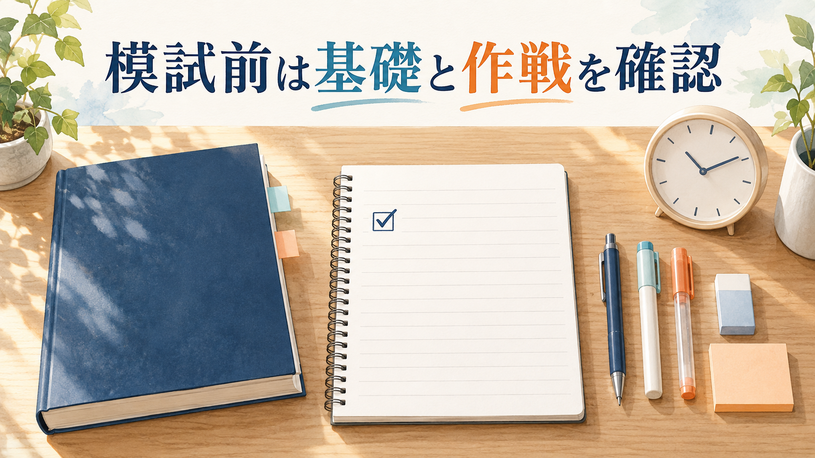模試前に基礎と作戦を確認する学習机のイラスト