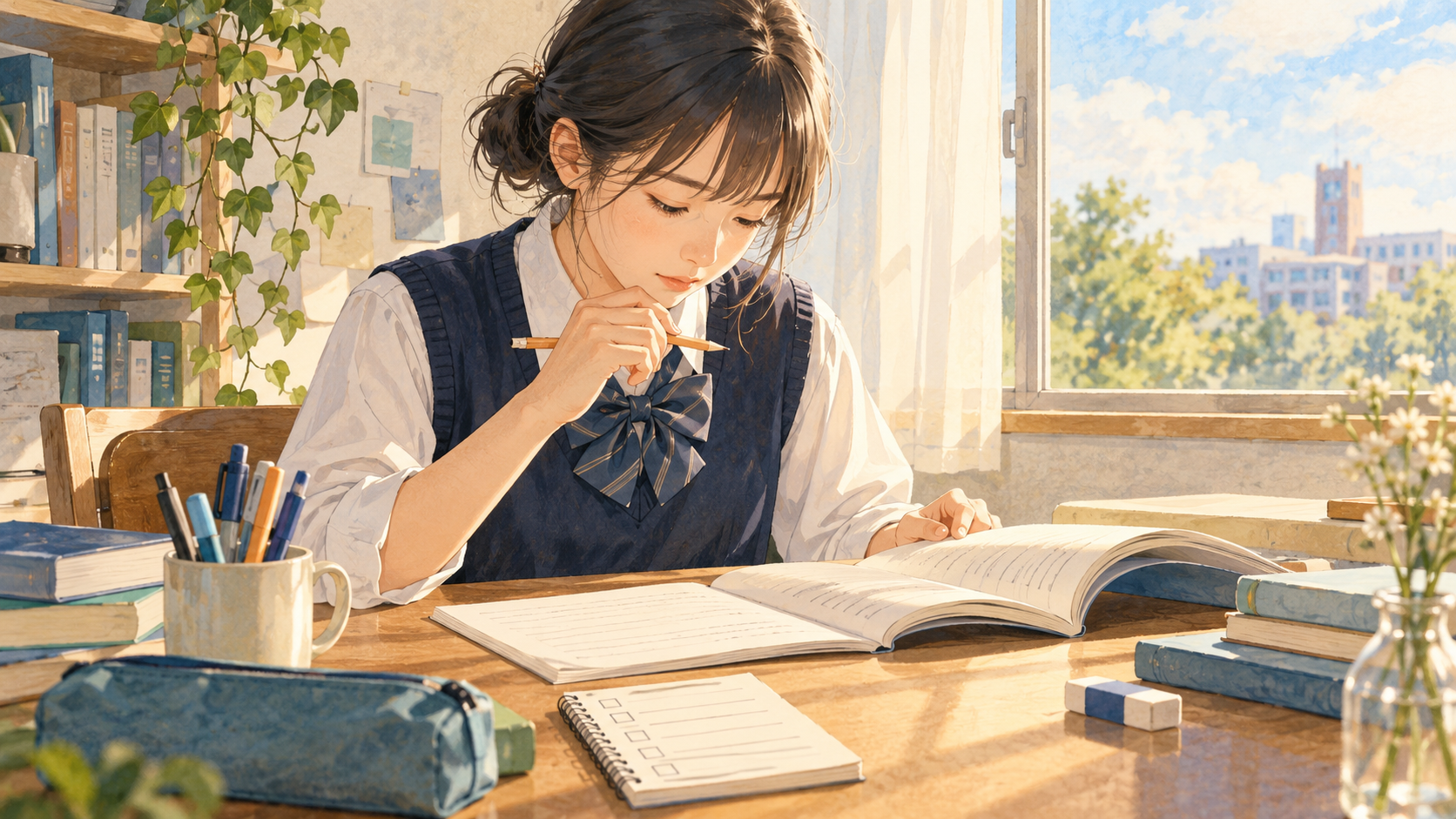 短文を書き、英文法の基礎を確認する受験生のイラスト