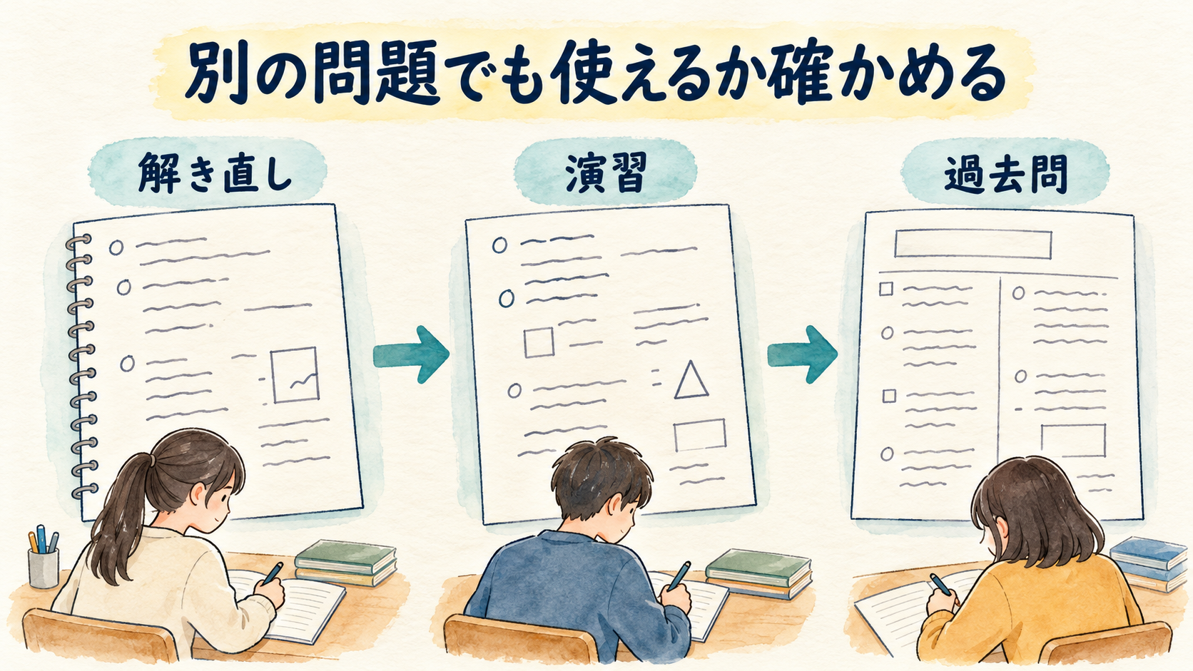 数学の解法を別の演習問題や過去問で確かめるイラスト
