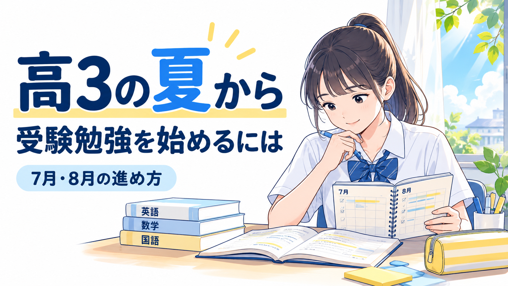 高3の夏から受験勉強を進めるために計画を立てる高校生