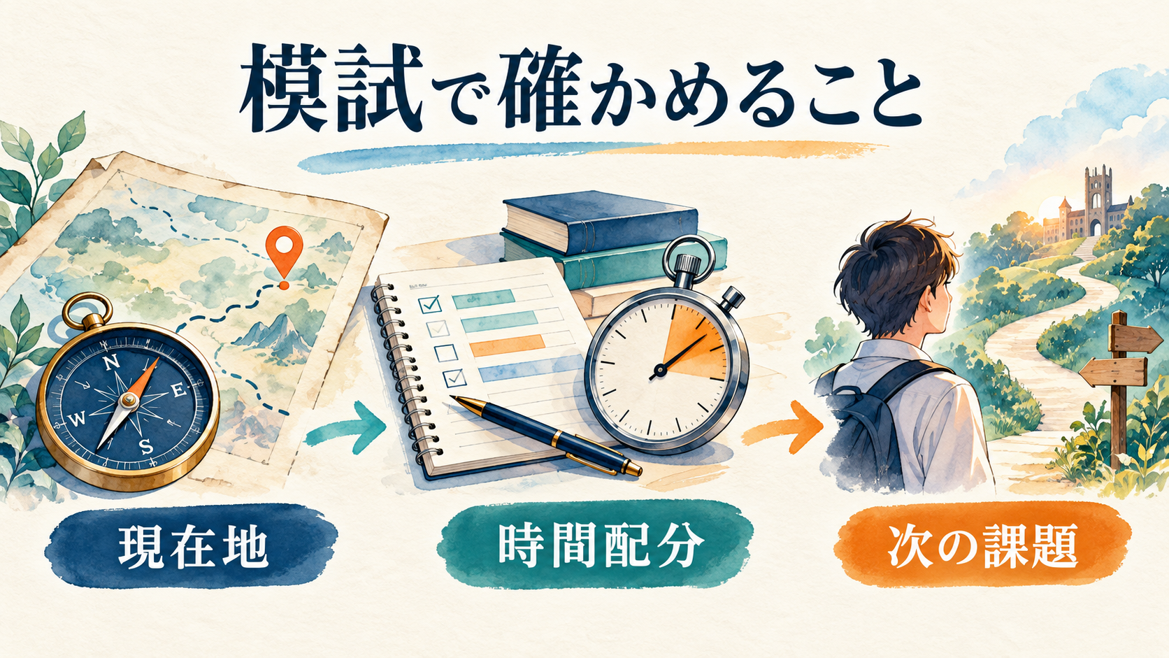 模試で現在地・時間配分・次の課題を確認する図解