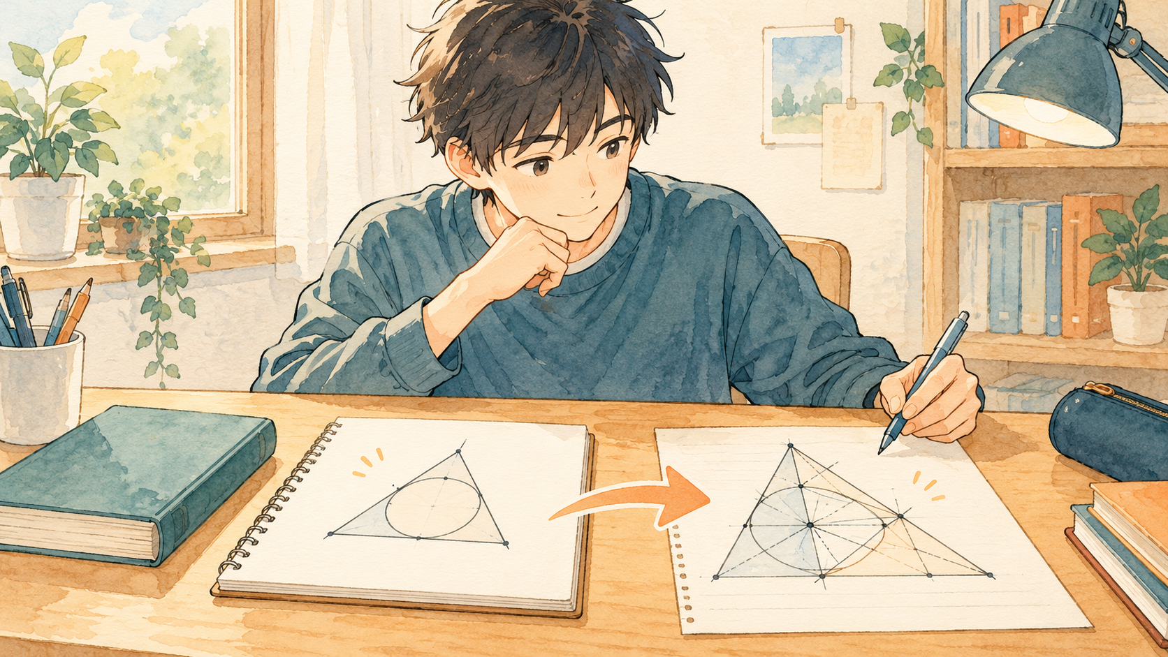 身につけた解き方を新しい問題へ応用する受験生のイラスト