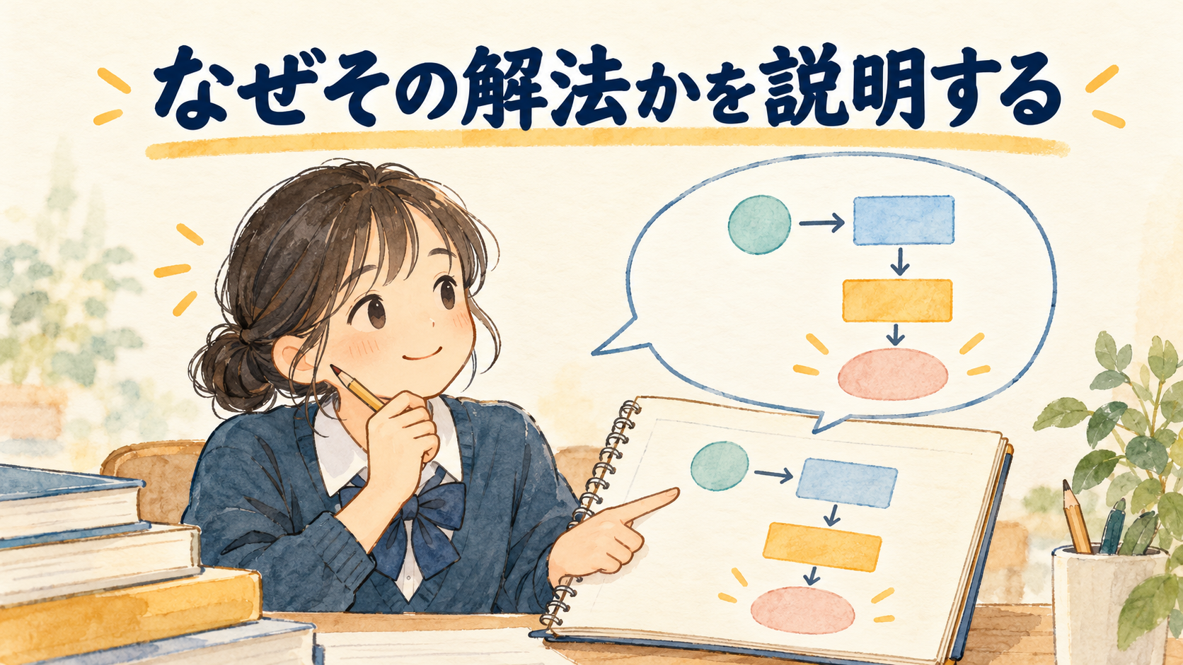数学の解法を選ぶ理由を自分の言葉で説明するイラスト