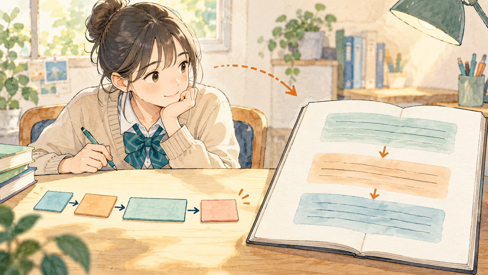 一文の構造から段落同士の関係へ読み方を広げるイラスト