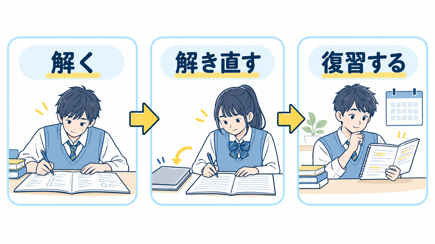 解いた問題を確認し、解き直して復習する一日の学習の流れ