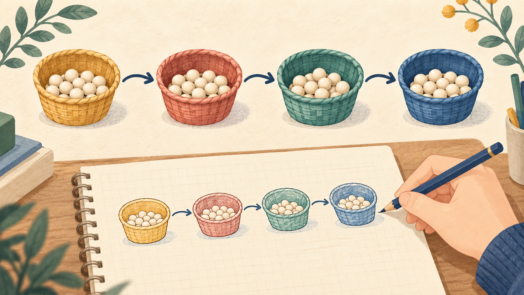 反応の段階をたどりながら物質量を確認するイラスト