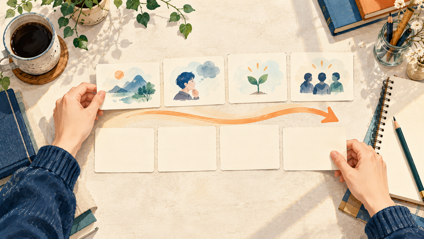 日本語の意味から英文の形を組み立てる流れのイラスト