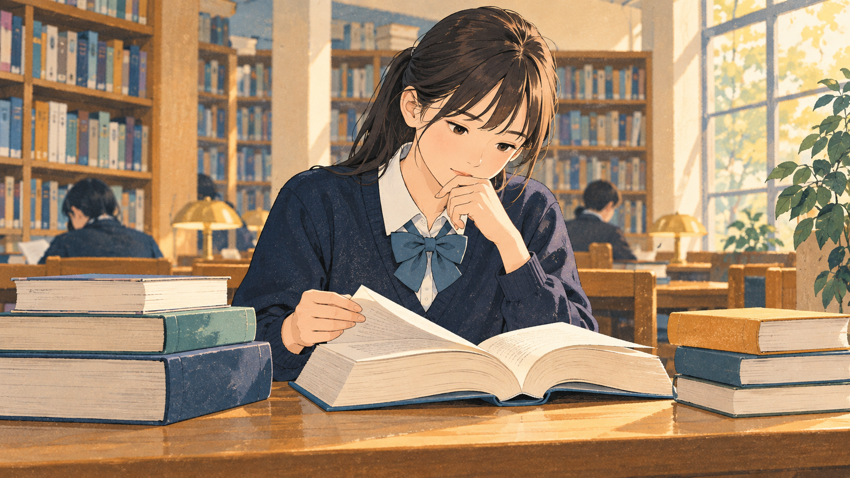 参考書の説明を読んで自分に合うか確かめるイラスト