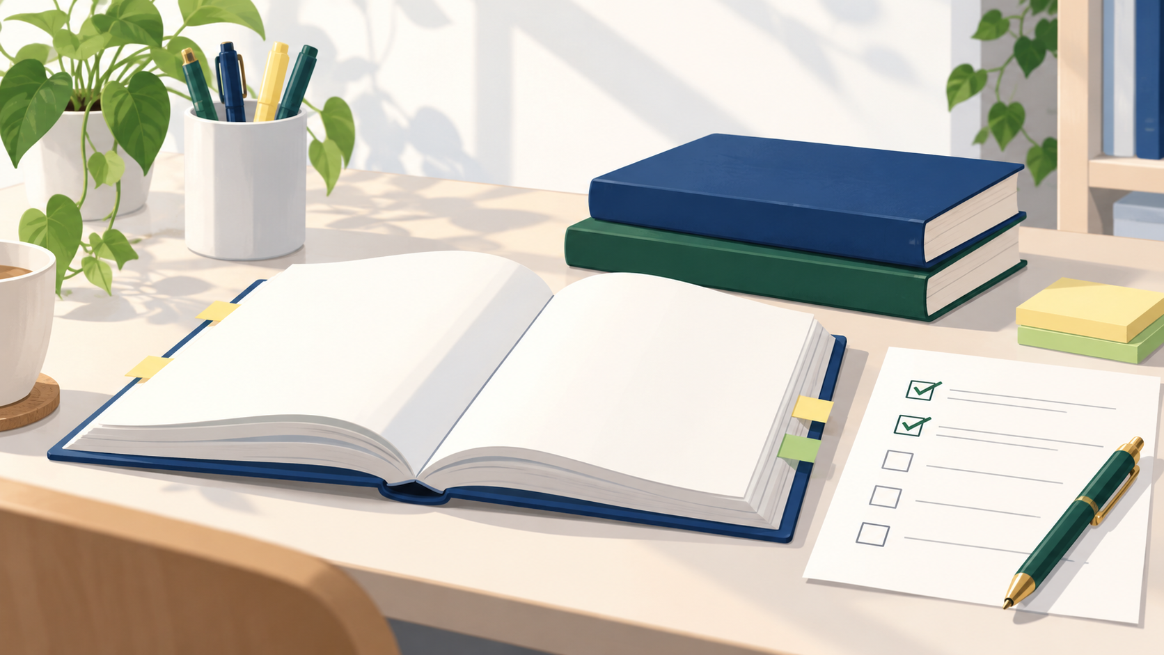 手元の参考書と確認リストで教材の追加を点検するイラスト