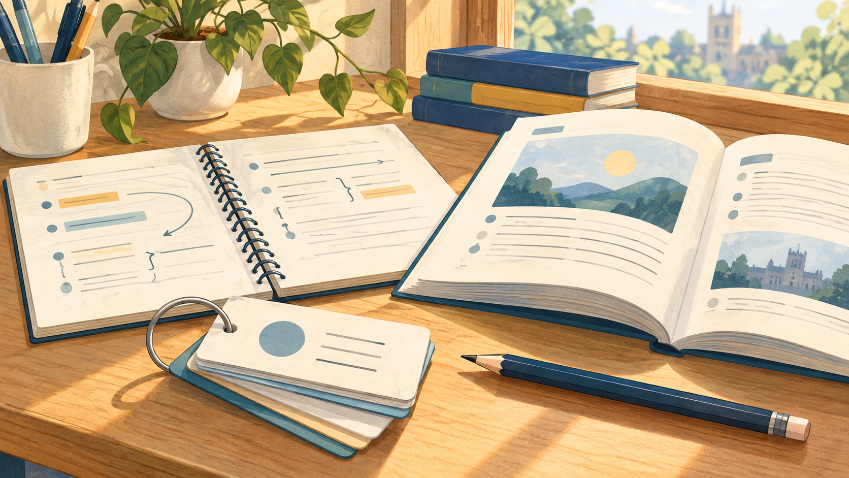 単語・文法・読解の教材を組み合わせる学習道具のイラスト