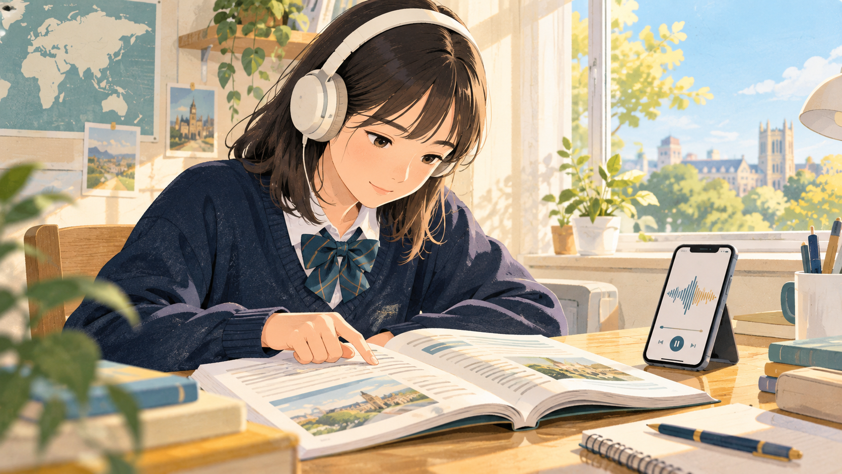 教材を見ながら音声を聞く学習のイラスト