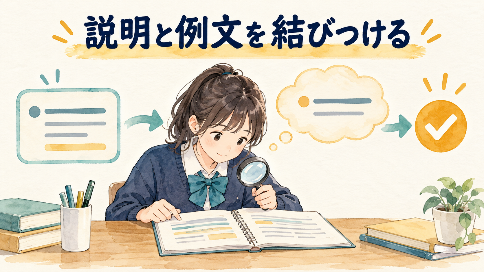 説明を読んで例文の意味を確認する学習イラスト