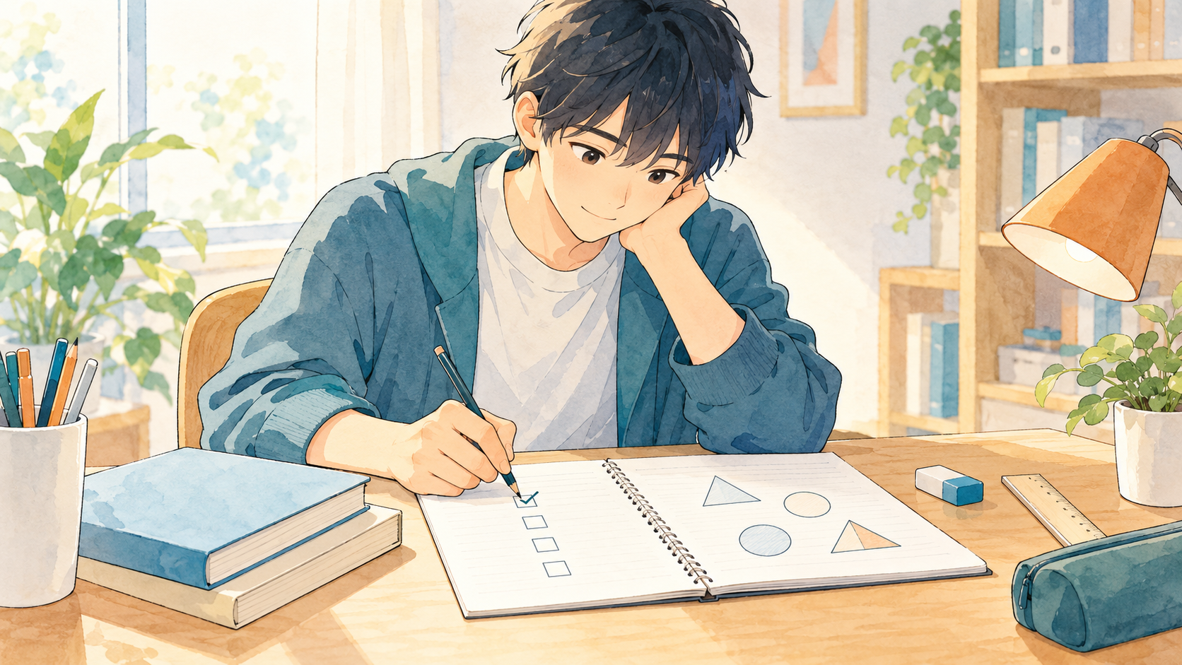 基本事項をノートとチェック欄で確認する受験生のイラスト