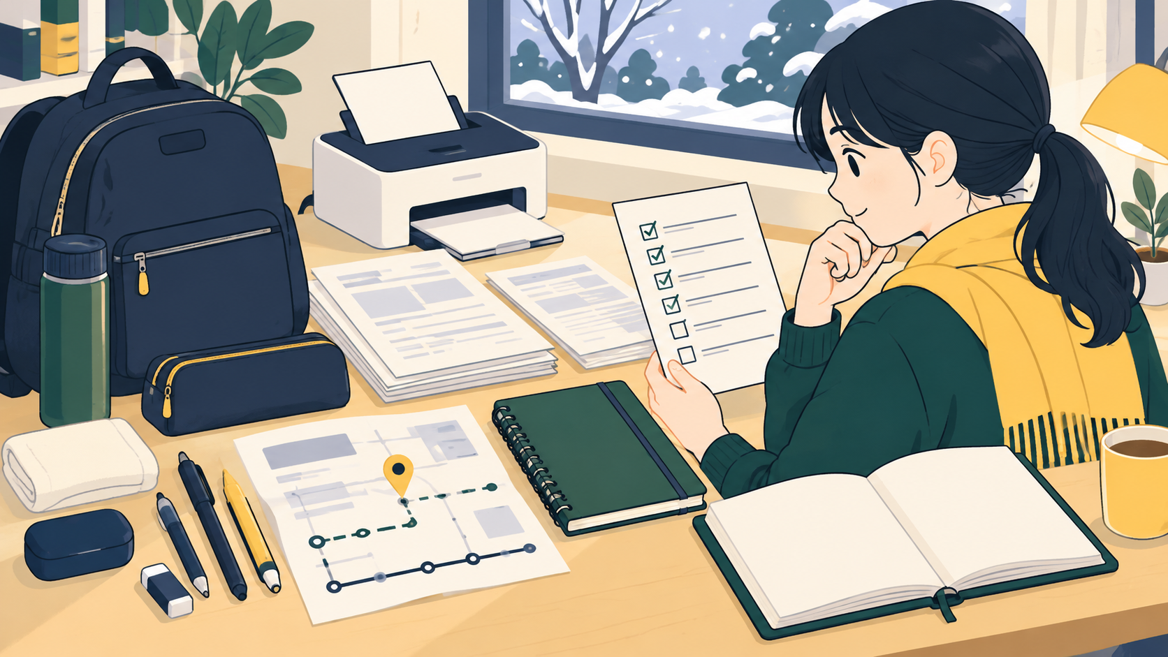 持ち物と受験書類や経路をチェックする試験準備のイラスト