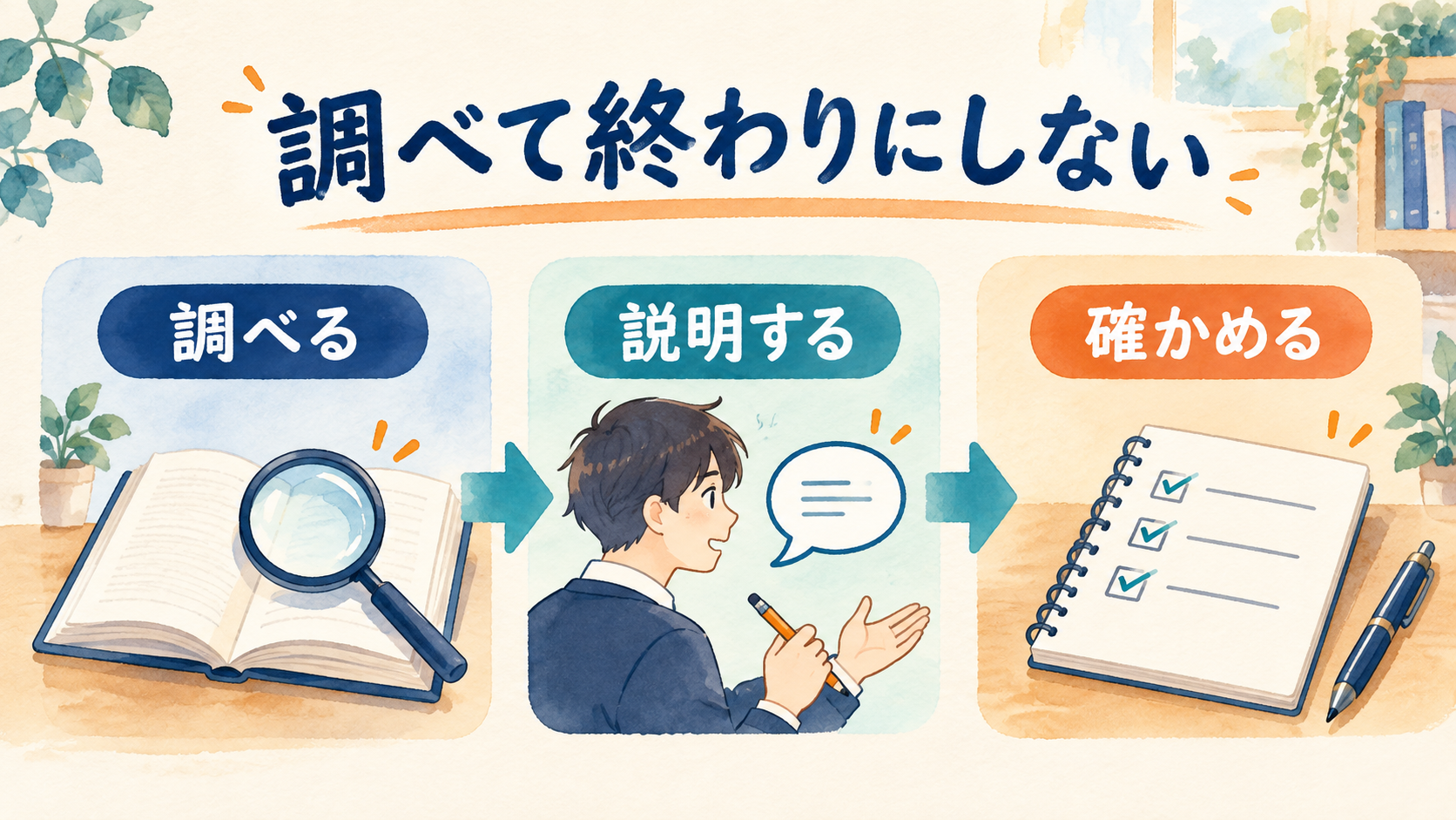 調べる・説明する・確かめるの参照手順を示す図解