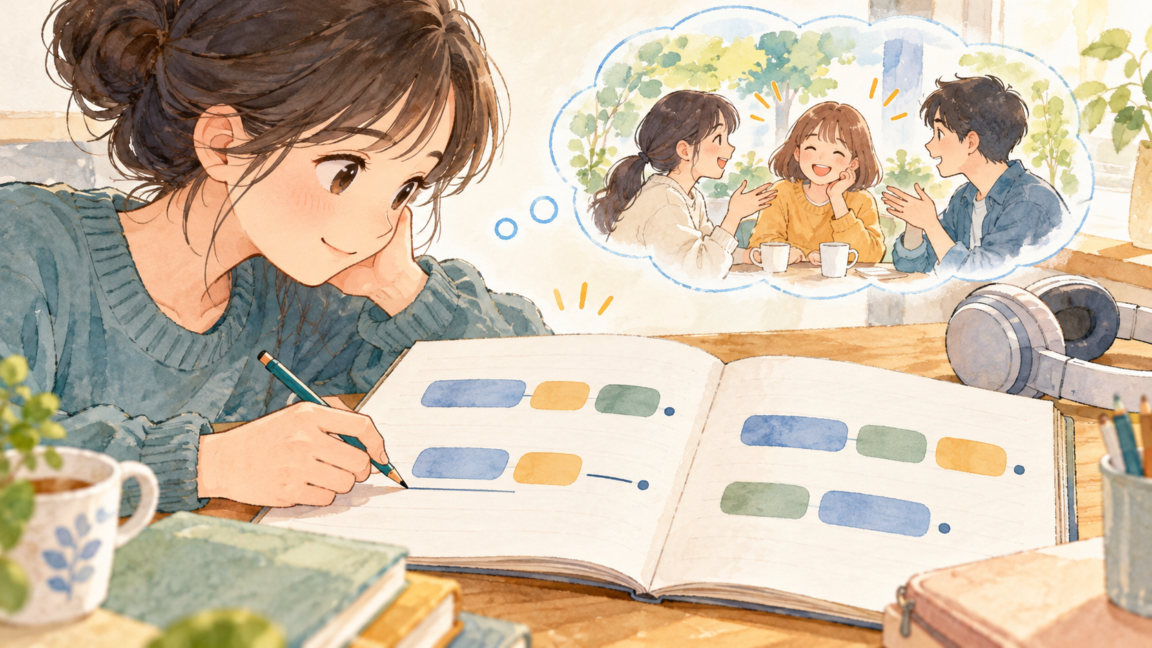 例文の形と意味を結びつける学習イラスト
