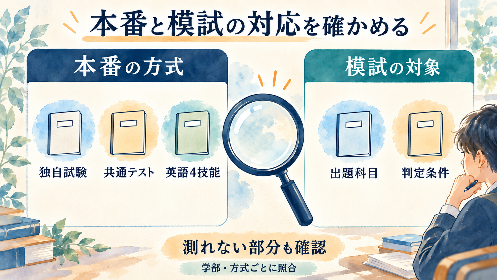 本番の方式と模試の出題科目・判定条件を照合する図解