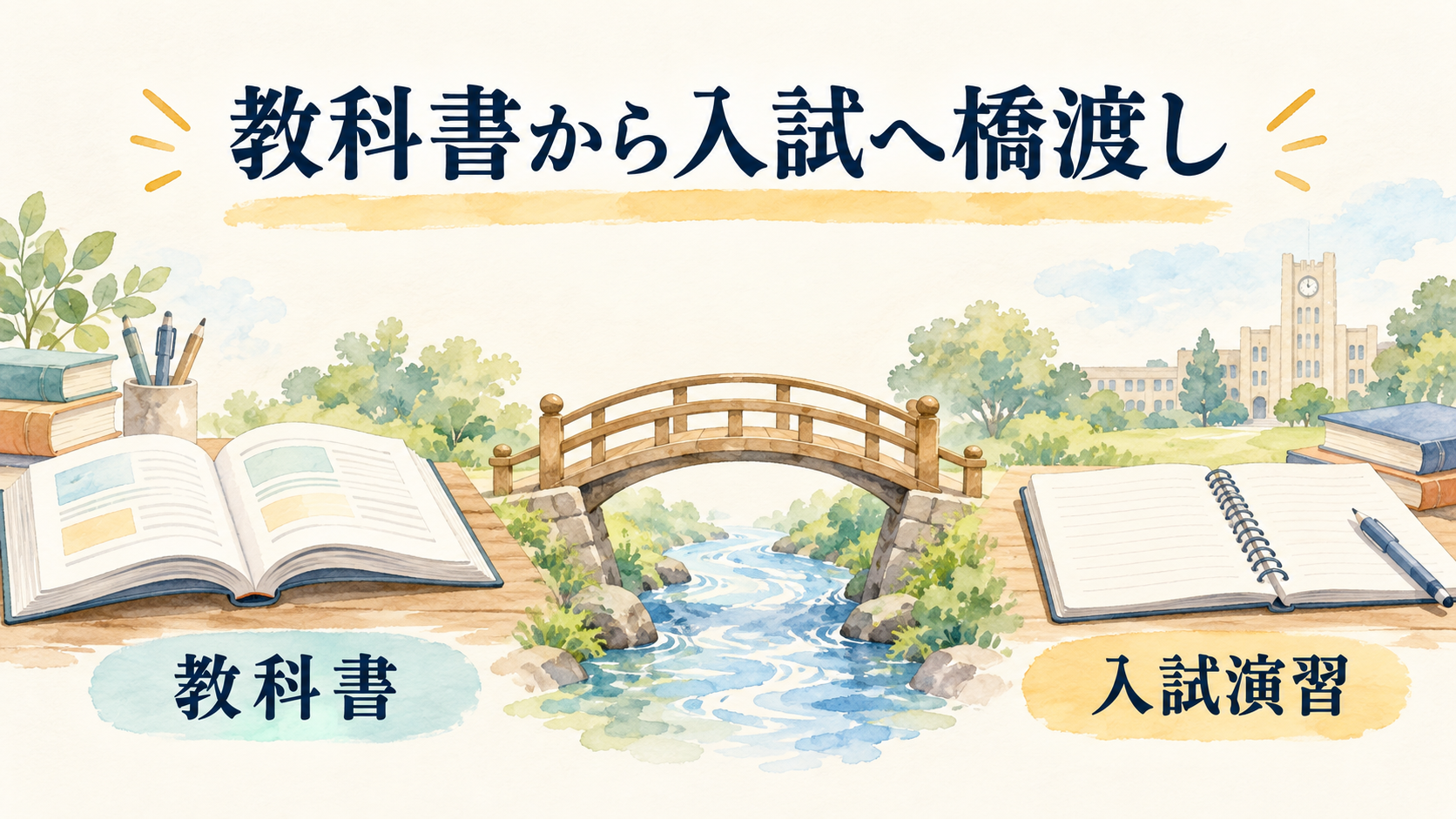 教科書から入試演習への橋渡しを表す学習イラスト