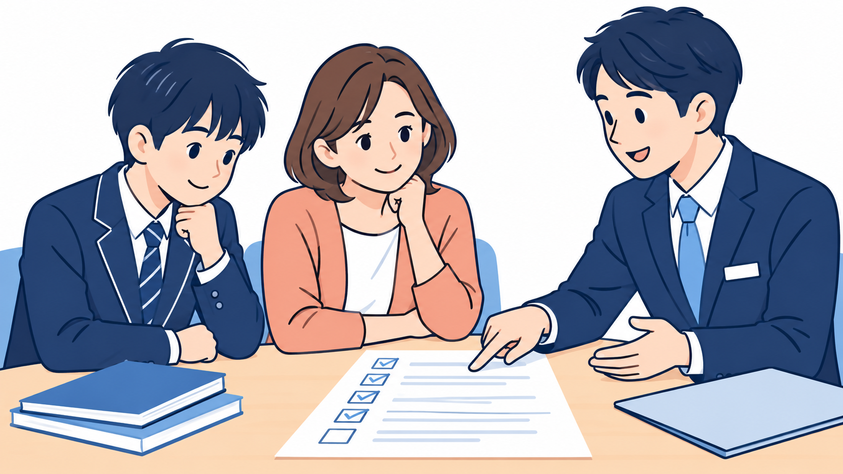 申し込み前に保護者と塾担当者が総額と契約条件を確認する様子