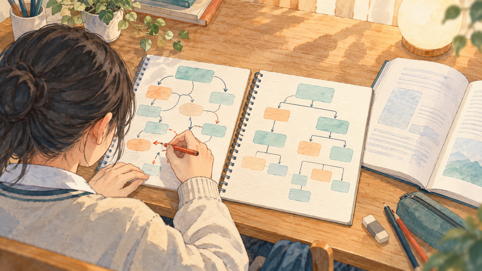 自分の考えた構造と解説を見比べて読み方を直す受験生のイラスト