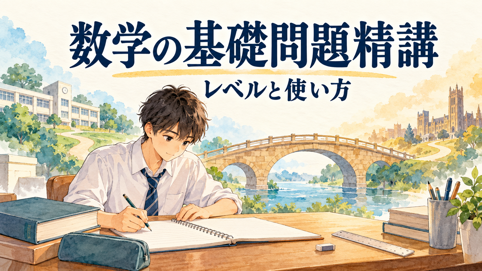 数学の基礎問題精講のレベルと使い方を考える受験生のイラスト