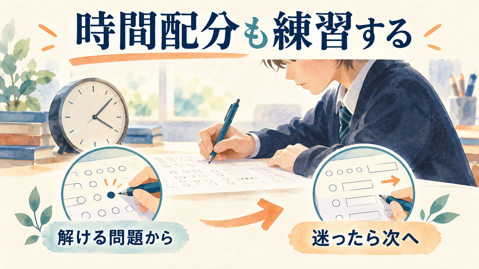 解ける問題から進めて時間配分を練習するイラスト