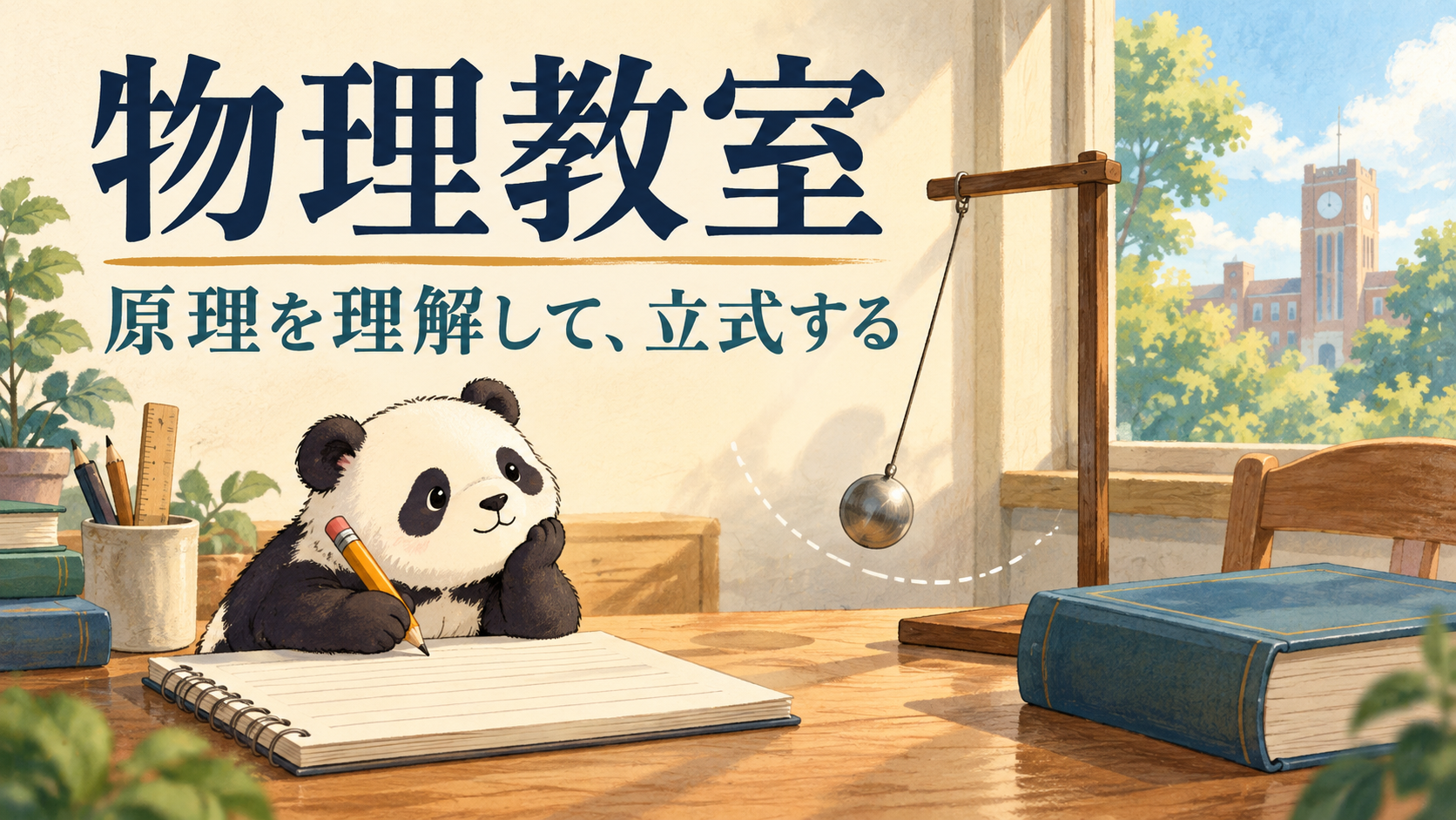 物理教室の原理理解と立式をテーマにしたアイキャッチ