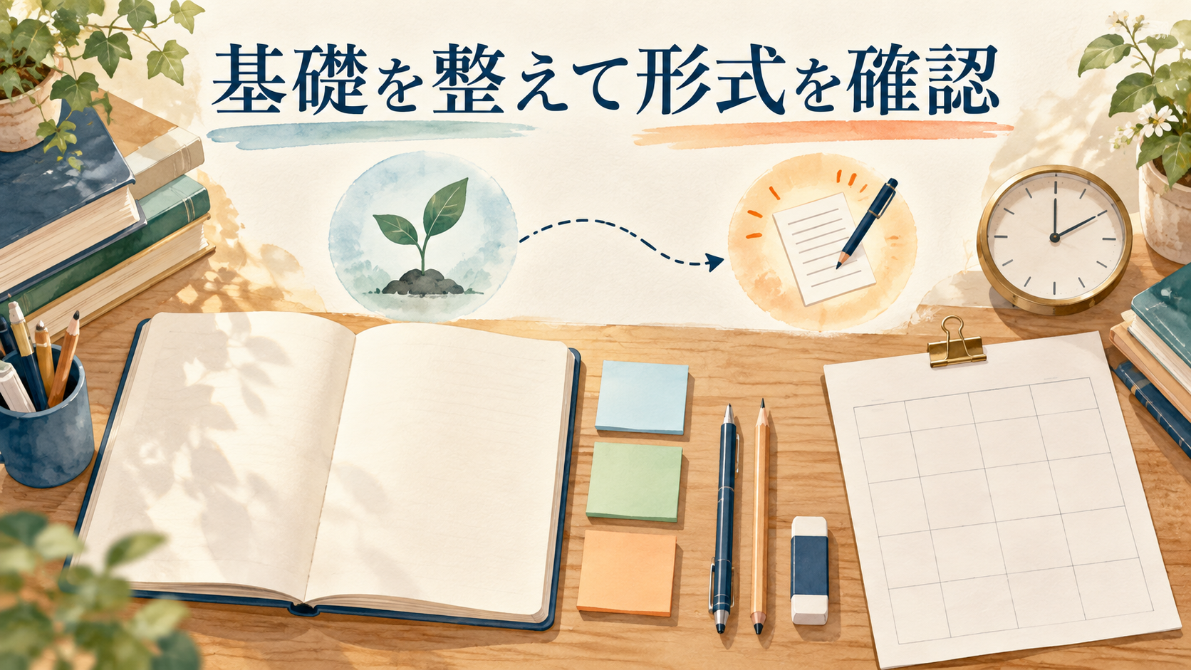 基礎を整えて試験形式を確認する学習机のイラスト