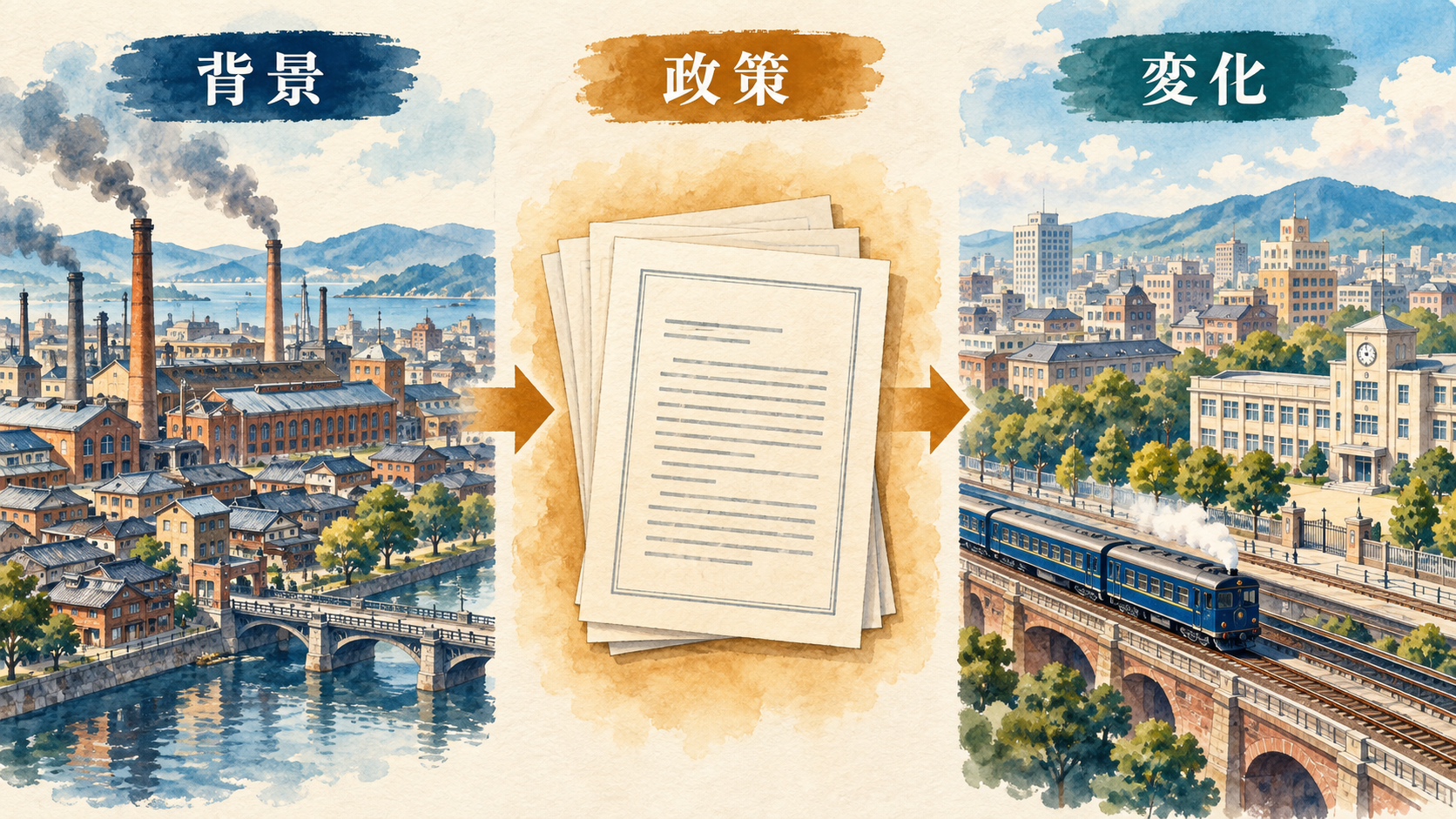 背景・政策・変化を関連づけて歴史を覚える概念図
