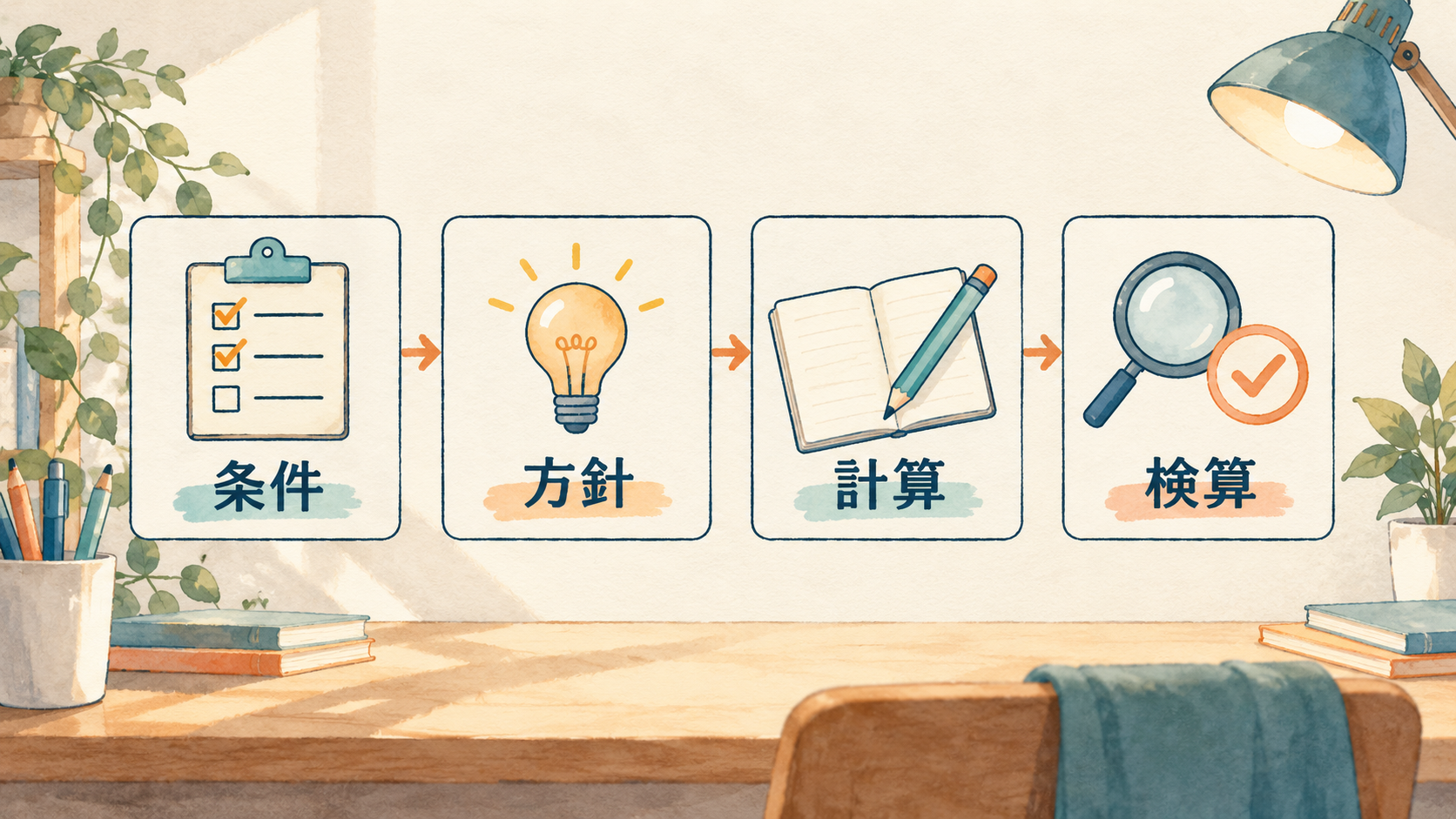 条件、方針、計算、検算の順番で数学の答案を作る図解