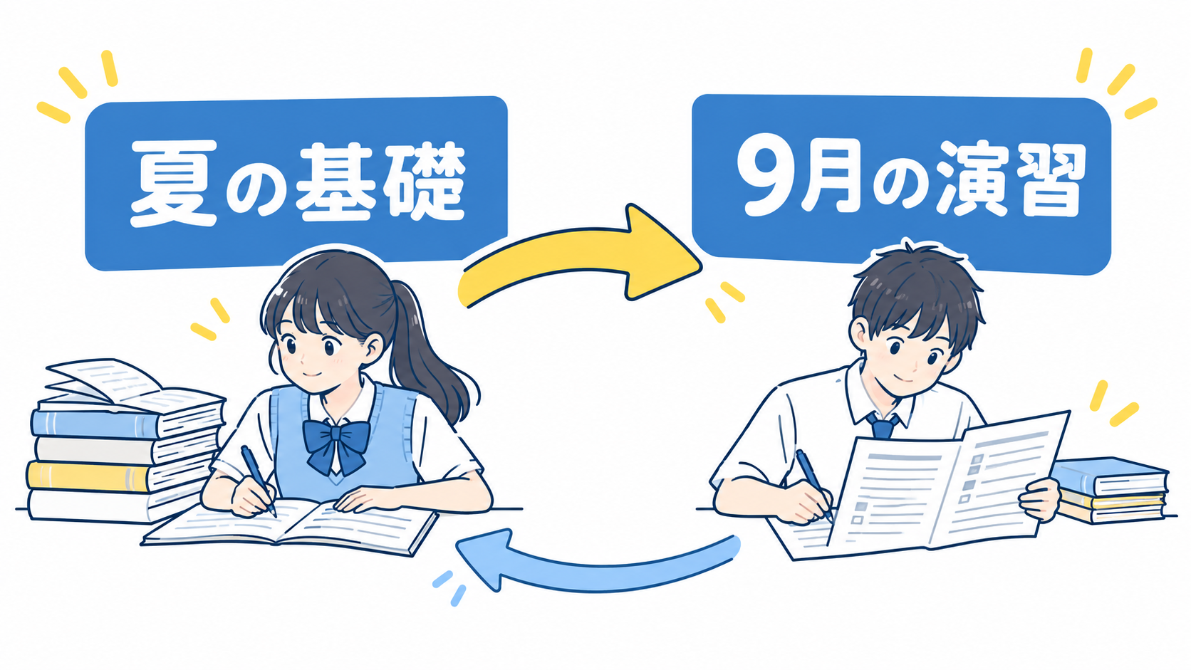 夏の復習ノートを過去問演習へ引き継ぐ学習計画の図解