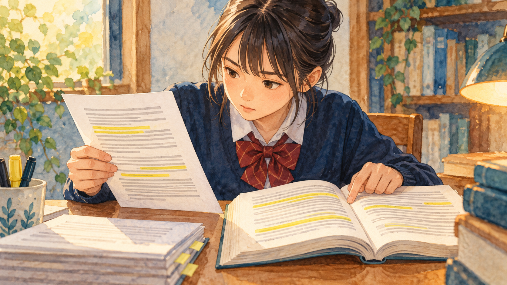 過去問演習で迷った箇所を参考書に戻って確認するイラスト